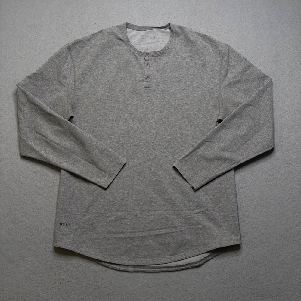 BYLT Henley Shirt Mens L Grey Long Sleeve Curved Hem Athletic Casual Modern‎